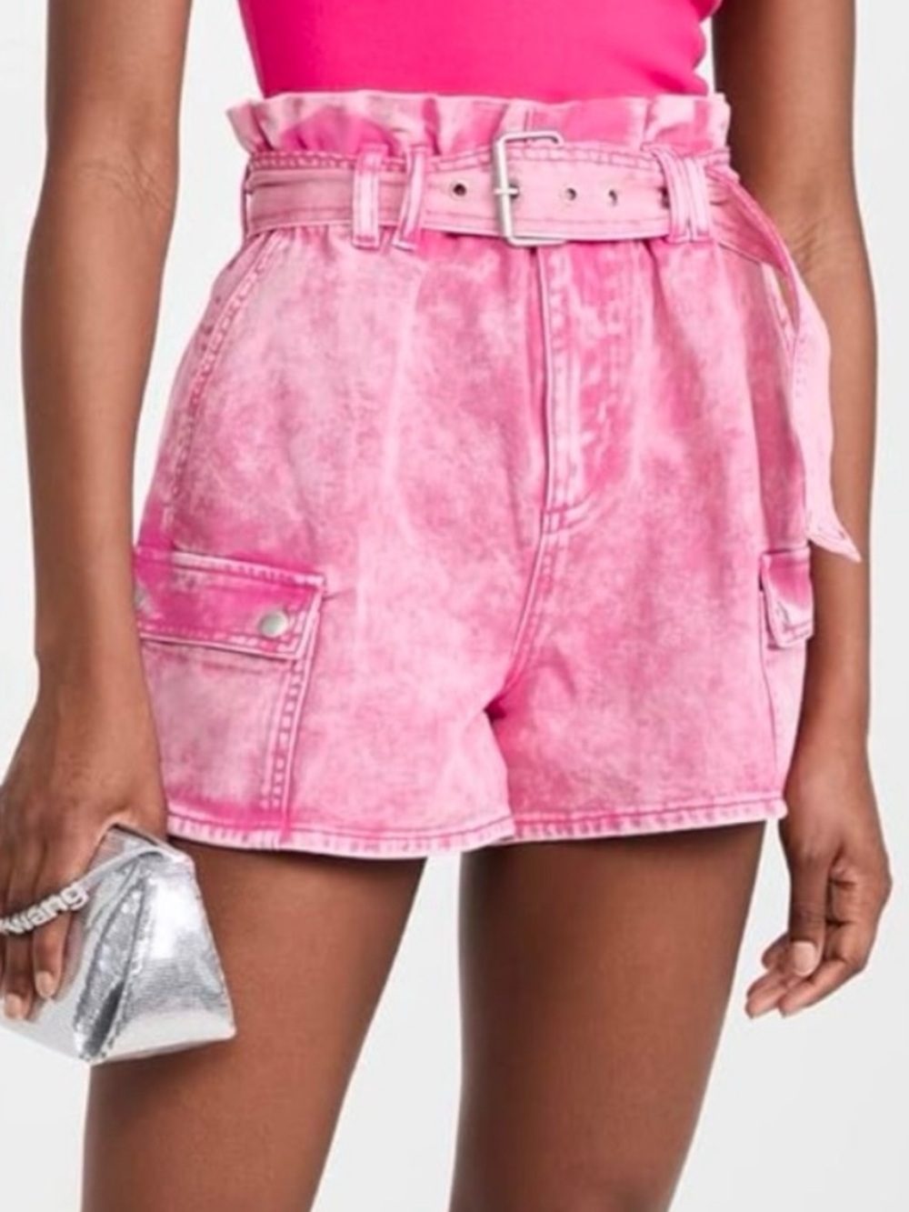 New Blank Nyc Acid Wash Paper Bag Belt Shorts In Raspberry Sorbet Denim Large